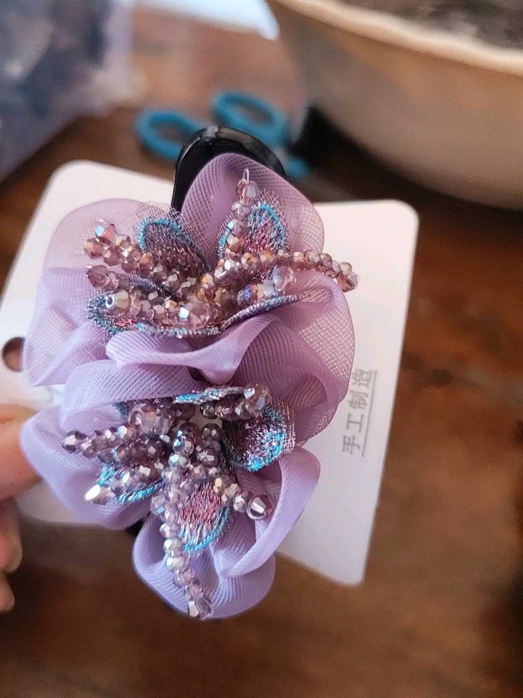 Elegant Purple Floral Beaded Hair Clip