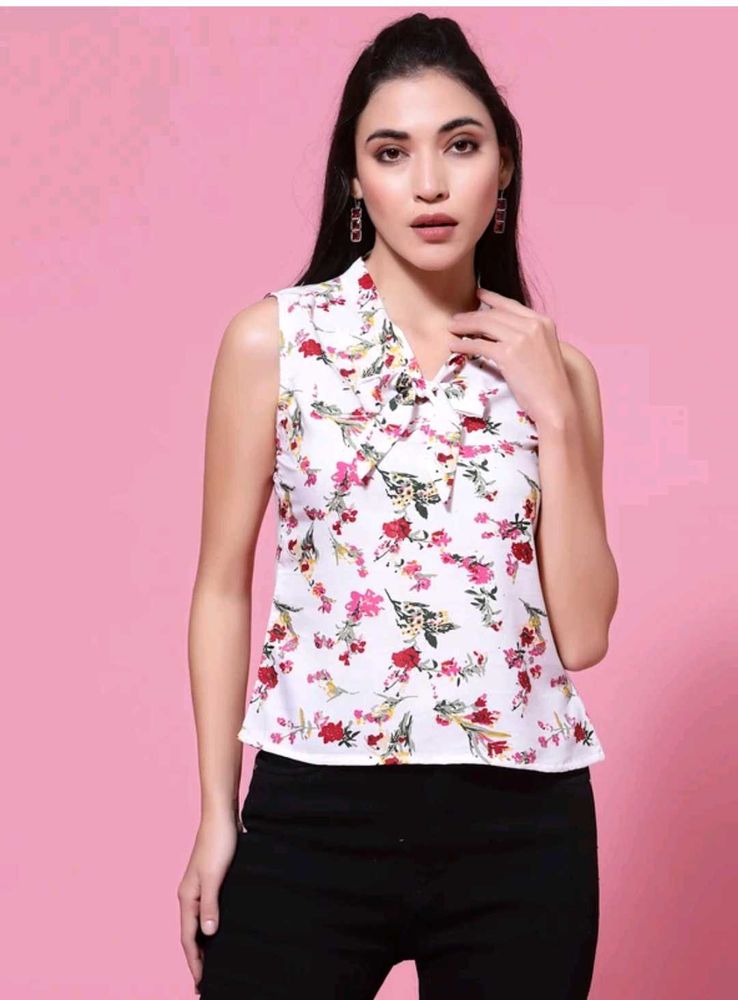 White Floral Print Sleeveless Top