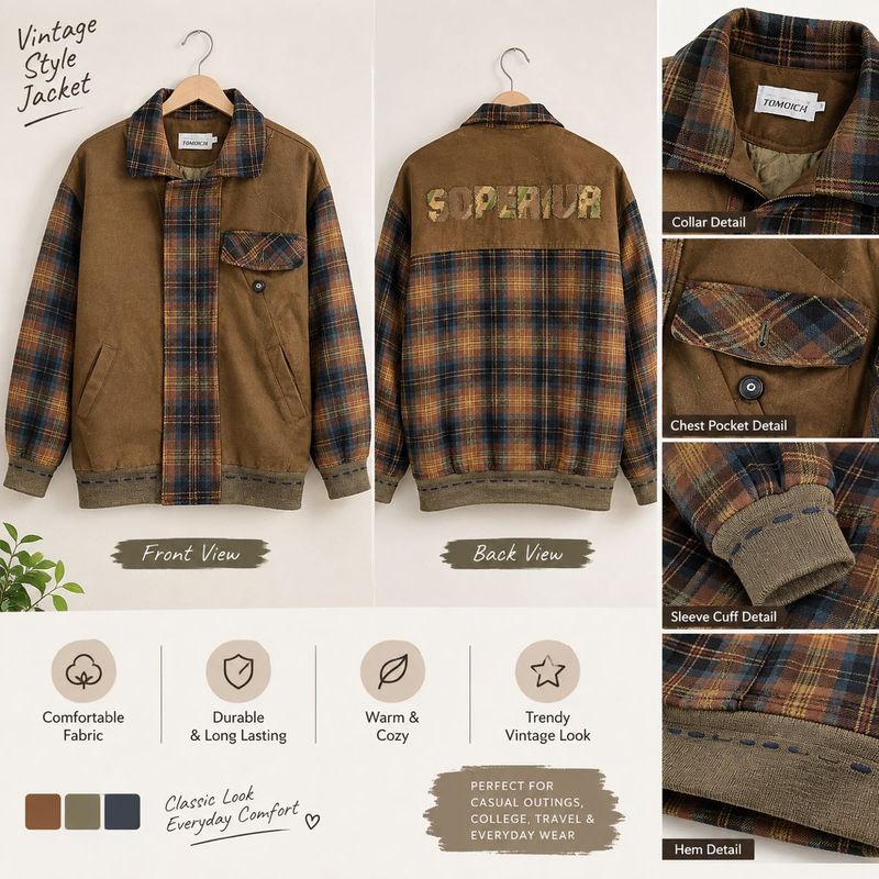 Vintage Plaid &amp; Suede Bomber Jacket