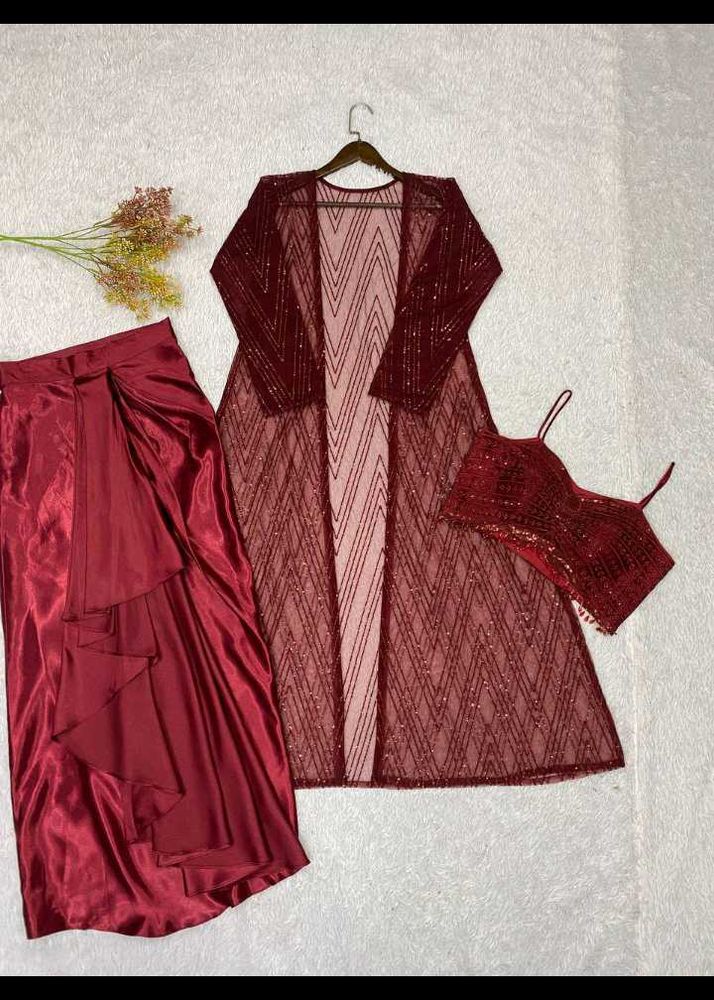 Embellished Maroon Kurta Set with Skirt