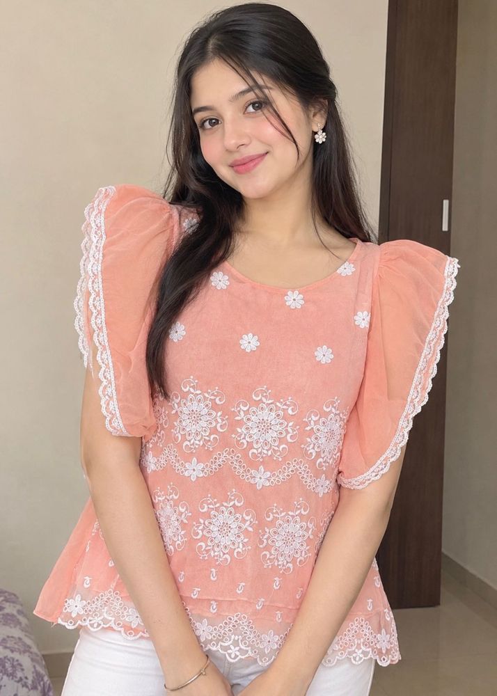 Peach Embroidered Kurti Top