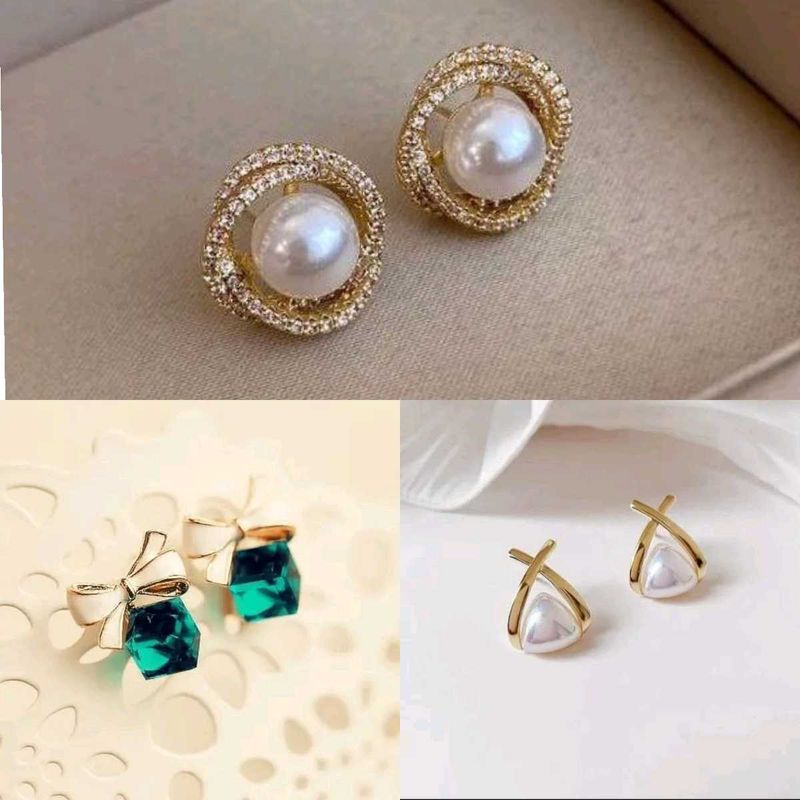 Elegant Pearl &amp; Gemstone Earrings combo of 3