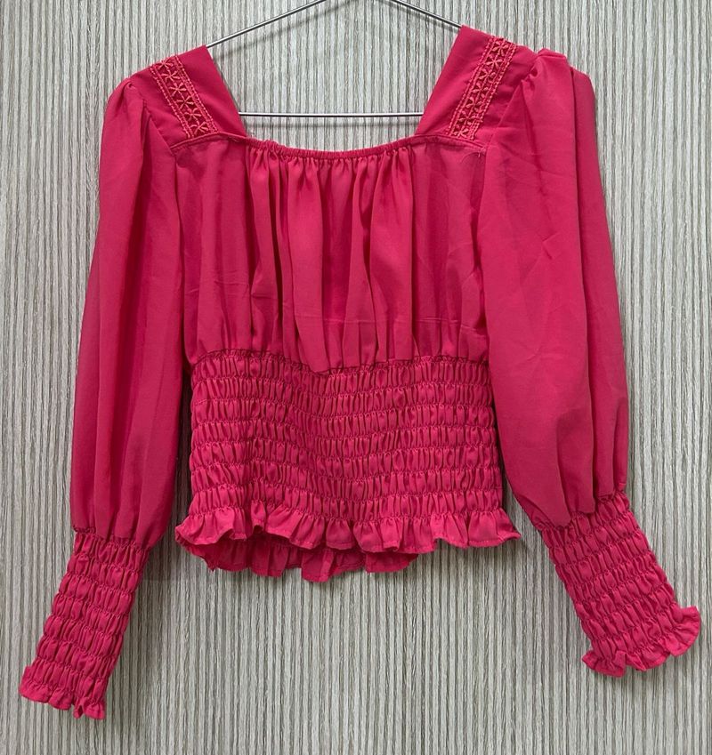 Vibrant Pink Smocked Square Neck Top