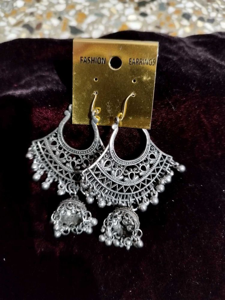 Boho Oxidized Silver Jhumka Earrings