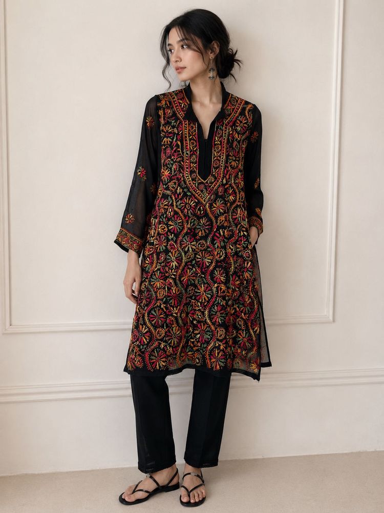 Chikankari Embroidered Black Kurta XL