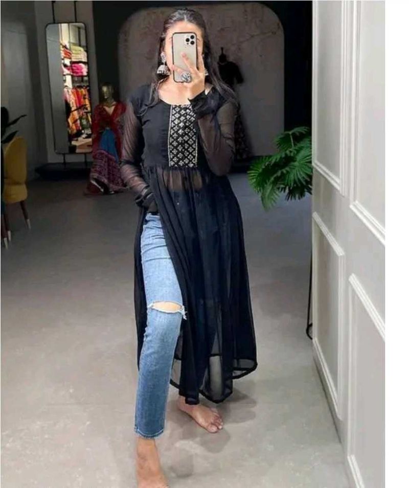Black Sheer Kurta with Embellished Neckline