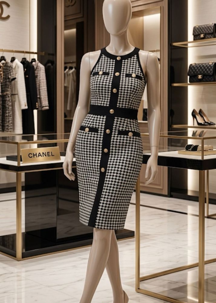 Elegant Houndstooth Button Dress