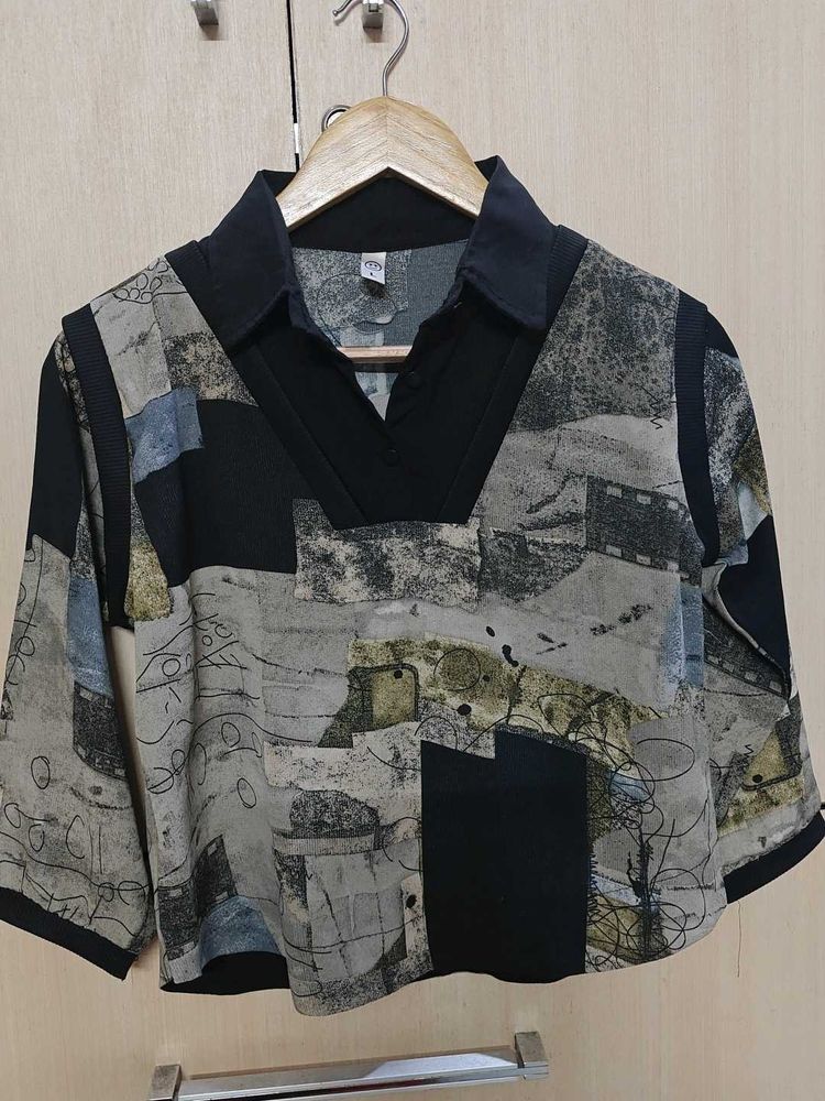 Unique Patchwork Collared Cropped Top