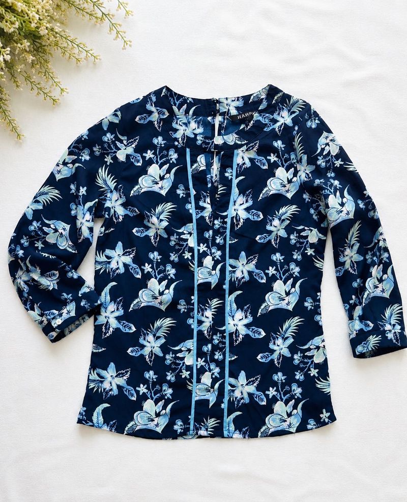 Chic Floral Print Navy Blue Top