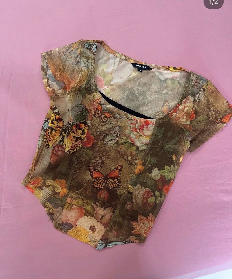 Vintage Floral Butterfly Mesh Top