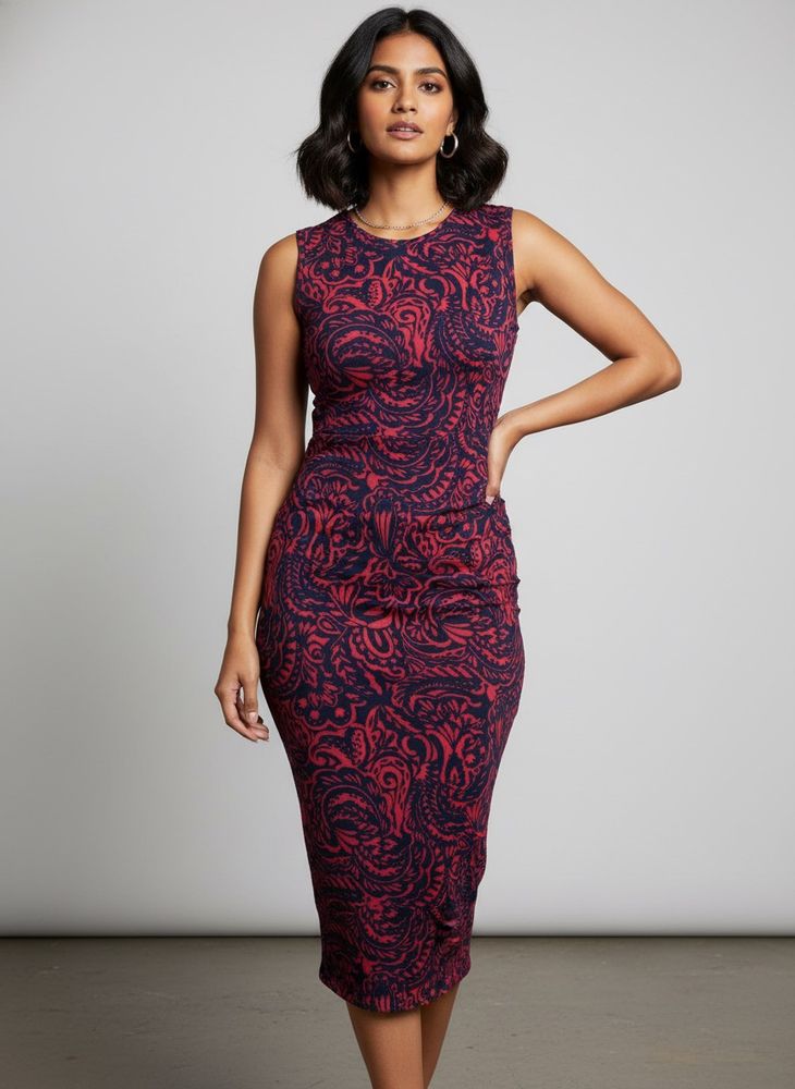 Stylish Red &amp; Black Printed sleeveless Bodycon mid