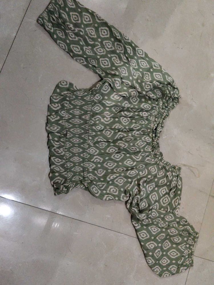 Green Printed Off-Shoulder Top