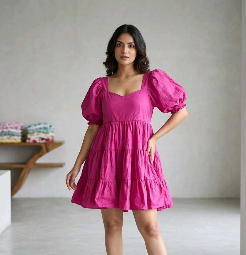 Chic Pink Tiered Puff Sleeve Dress