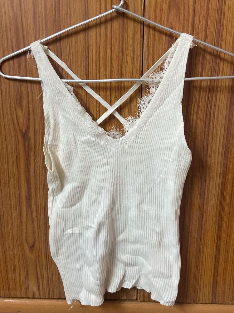 White Ribbed Crop Top with Lace Detail