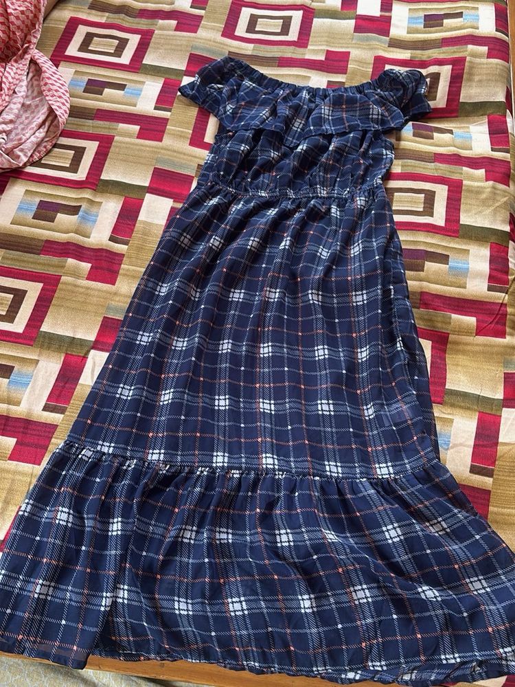 Blue Plaid Off-Shoulder Maxi Dress