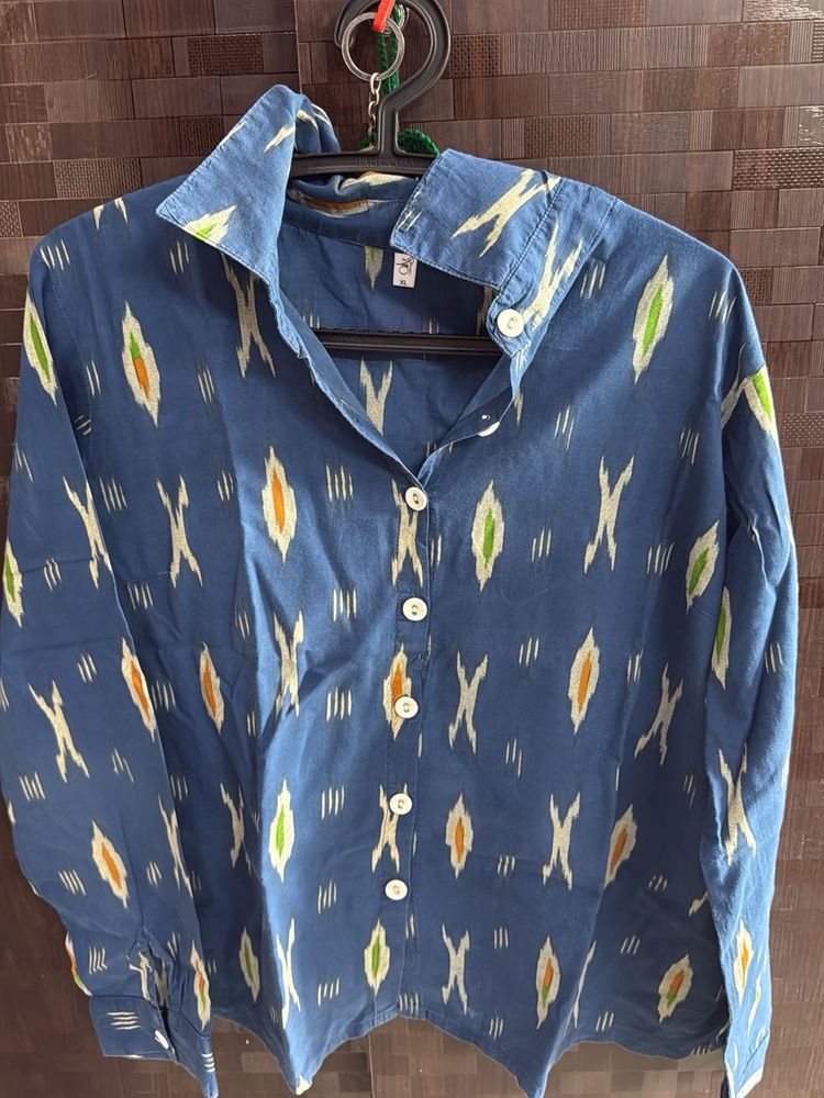 Blue Ikat Print Button-Up Shirt