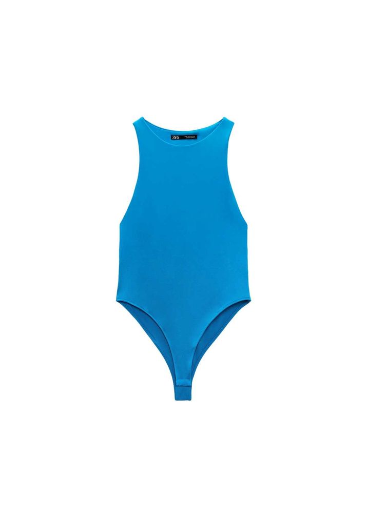 zara Blue Ribbed Racerback Bodysuit
