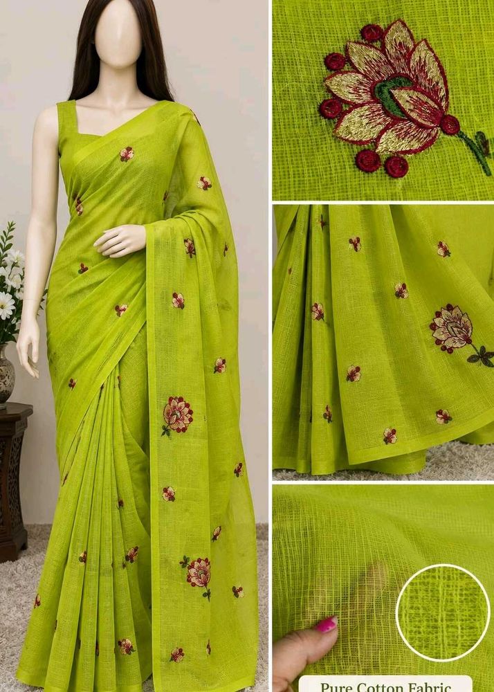 Lime Green Embroidered Cotton Saree