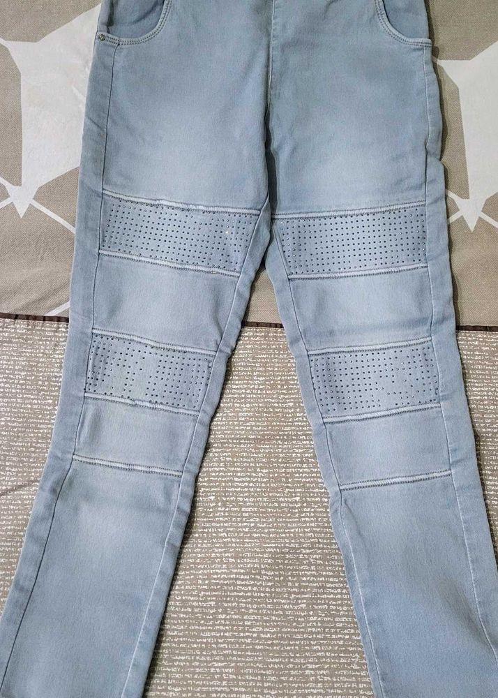 Light Wash Moto Jeans with Perforated Accents