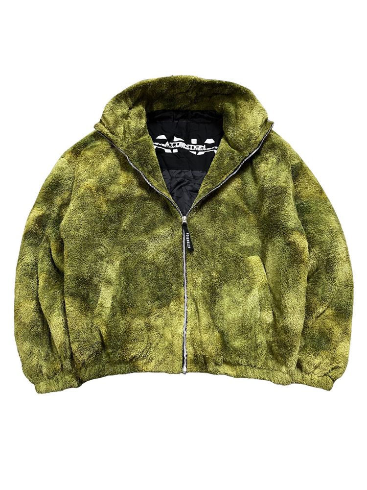 Olive Green Furry Zip-Up Jacket korean brand