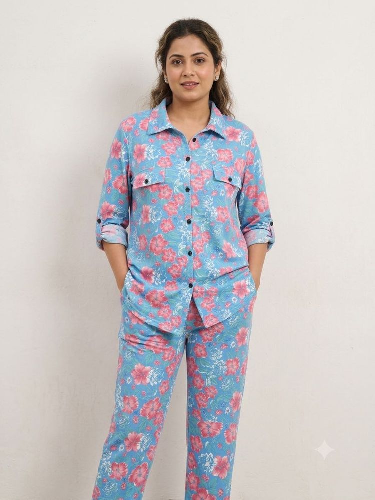 Blue Floral Print Tunic Top pant coord set