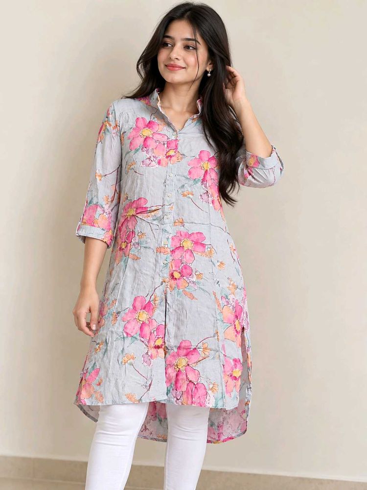 Grey Floral Print Kurta
