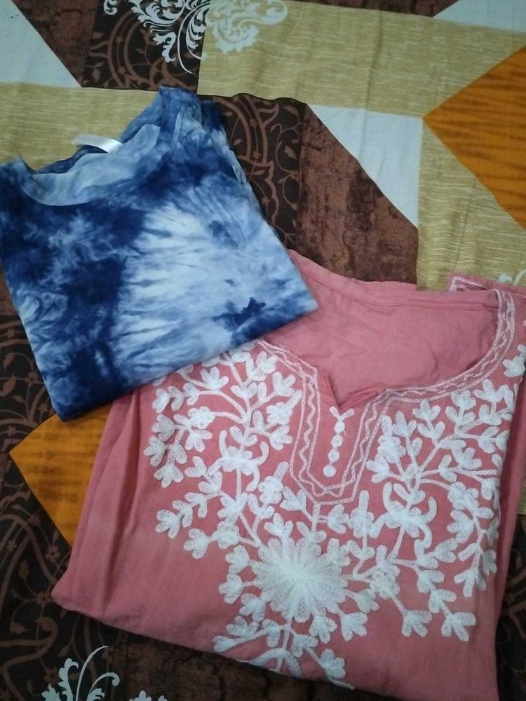 Embroidered Peach Kurti with Tie-Dye Top