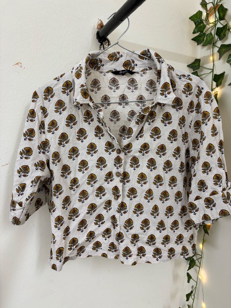 White Printed Cropped Kurta Top