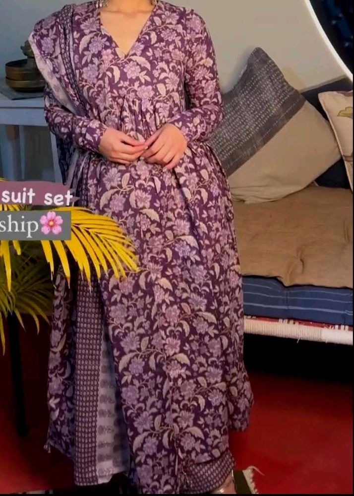 Purple Floral Print Cotton Suit Set