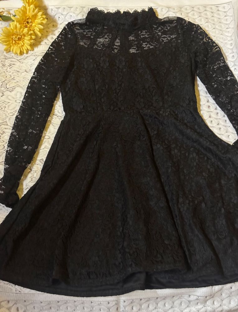 Black Party Lace Mock Neck Dress