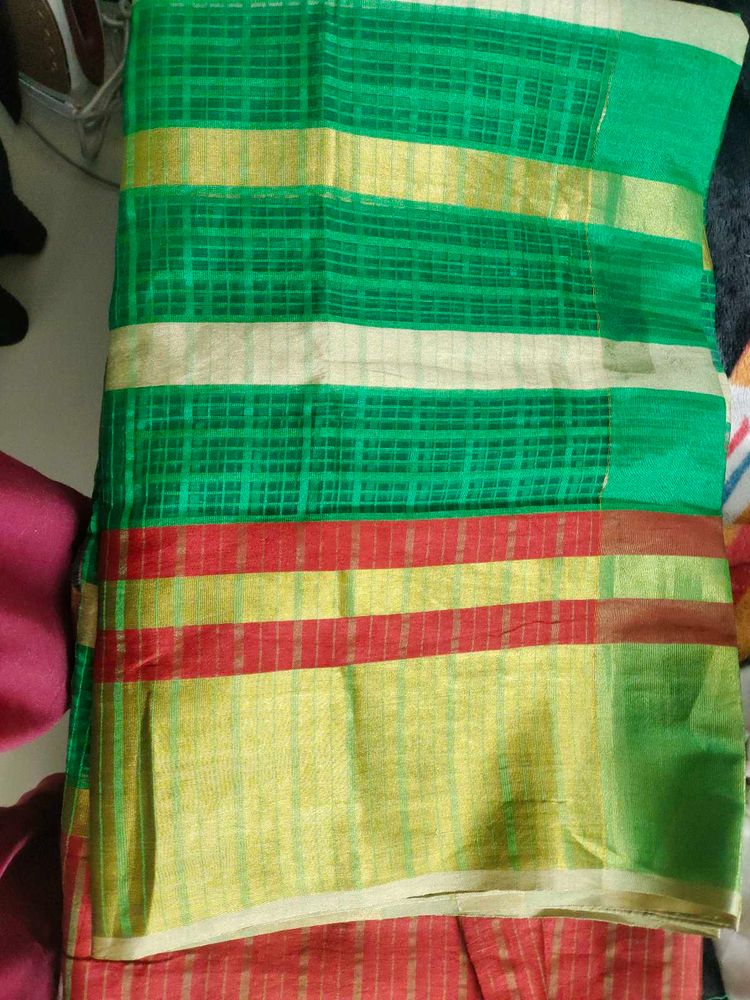 Green &amp; Gold Striped Saree