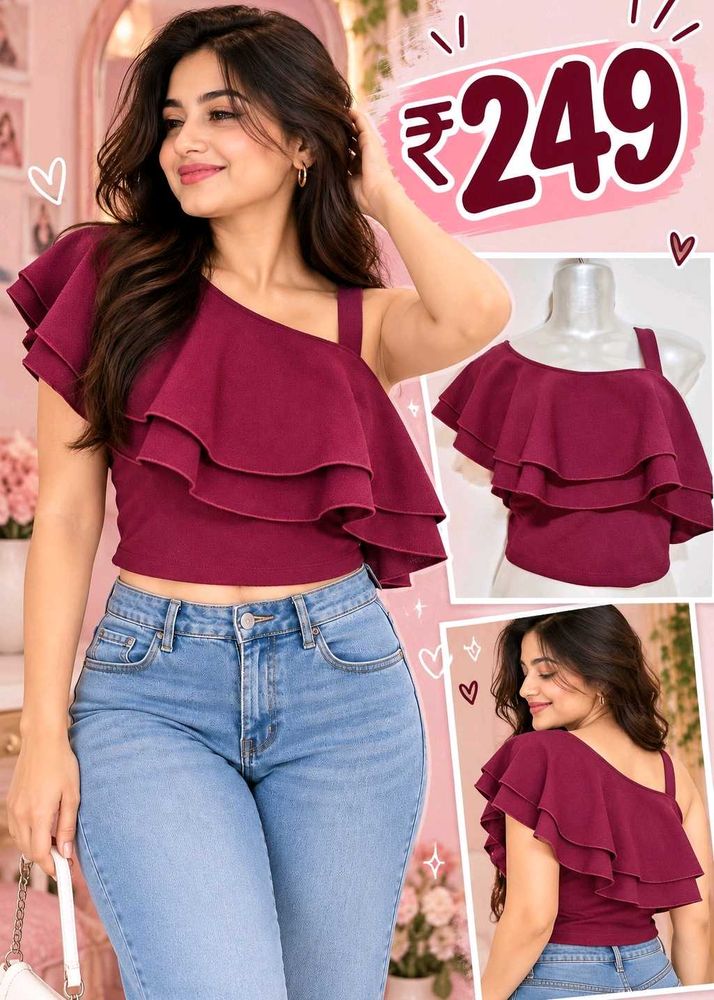 Maroon Ruffle One-Shoulder Top