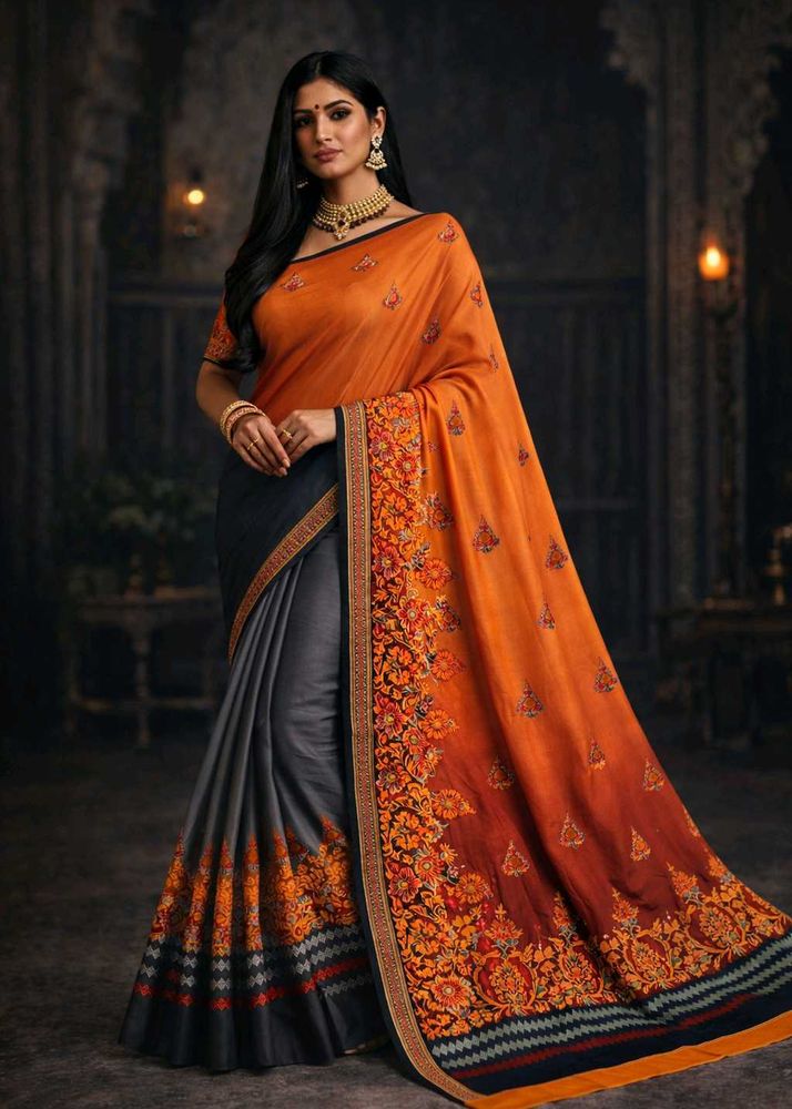 🇳🇿💫🎀Elegant Orange &amp; Grey Embroidered Saree