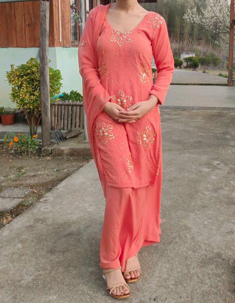 Elegant Coral Kurta Set with Dupatta