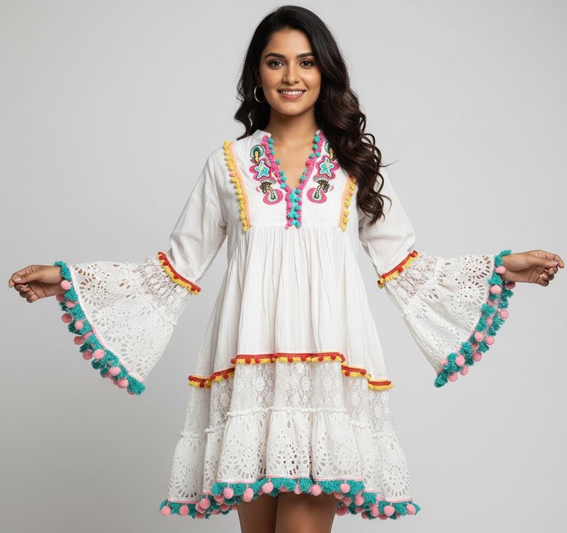 Boho Embroidered White Cotton Tunic Top