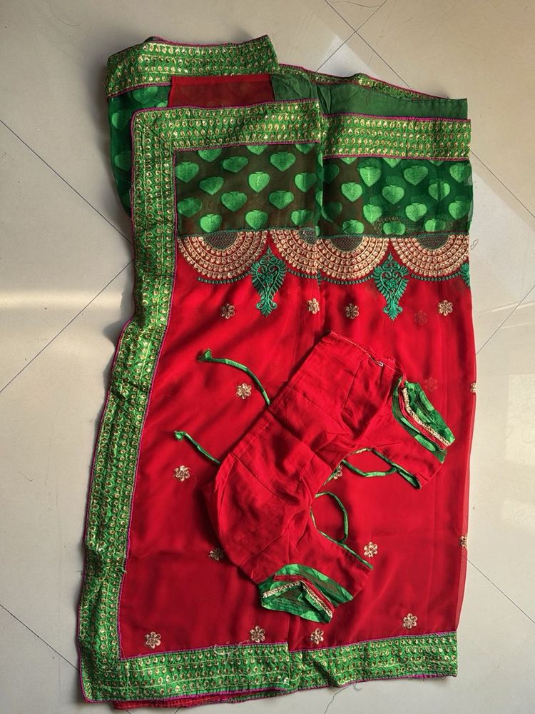 Vibrant Red &amp; Green Saree with Blouse