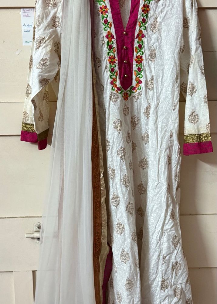 White &amp; Pink Frock Style Kurta and Dupatta