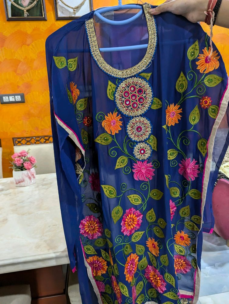 Designer Blue Embroyded Suit Set- Unstitched