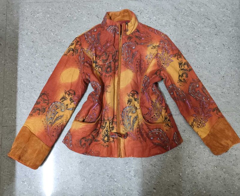 Orange Whimsical Paisley Print Corduroy Jacket