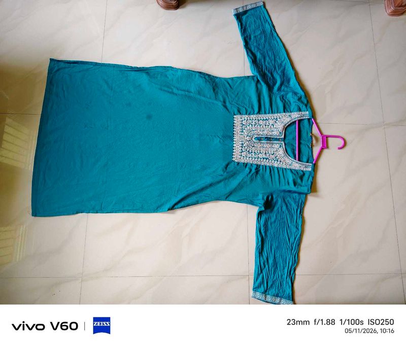 Teal Kurti with Embellished Neckline
