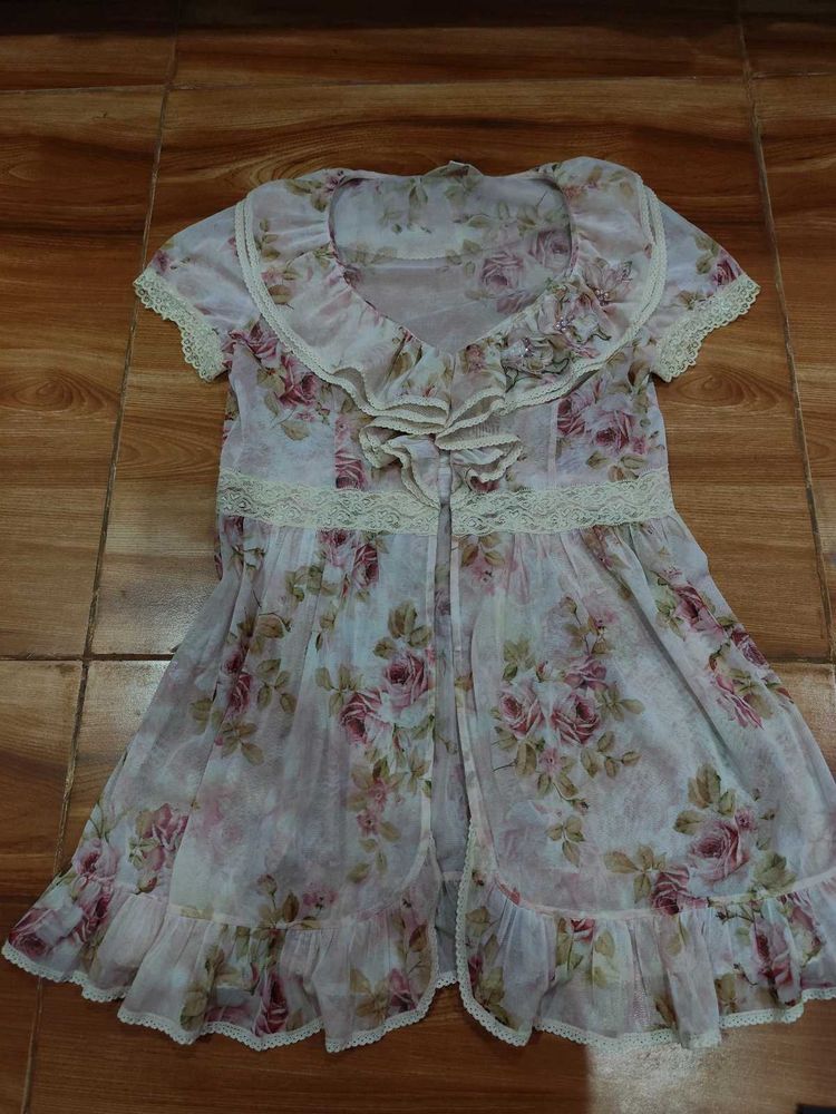 Sheer Floral Lace Trim Front Slit Open Top