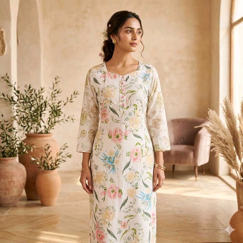 White Floral Print Kurta
