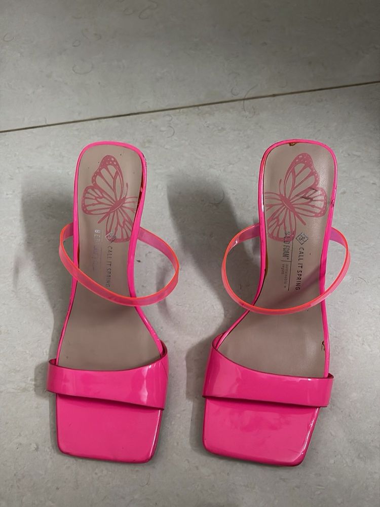 Hot Pink Square Toe Heeled Sandals