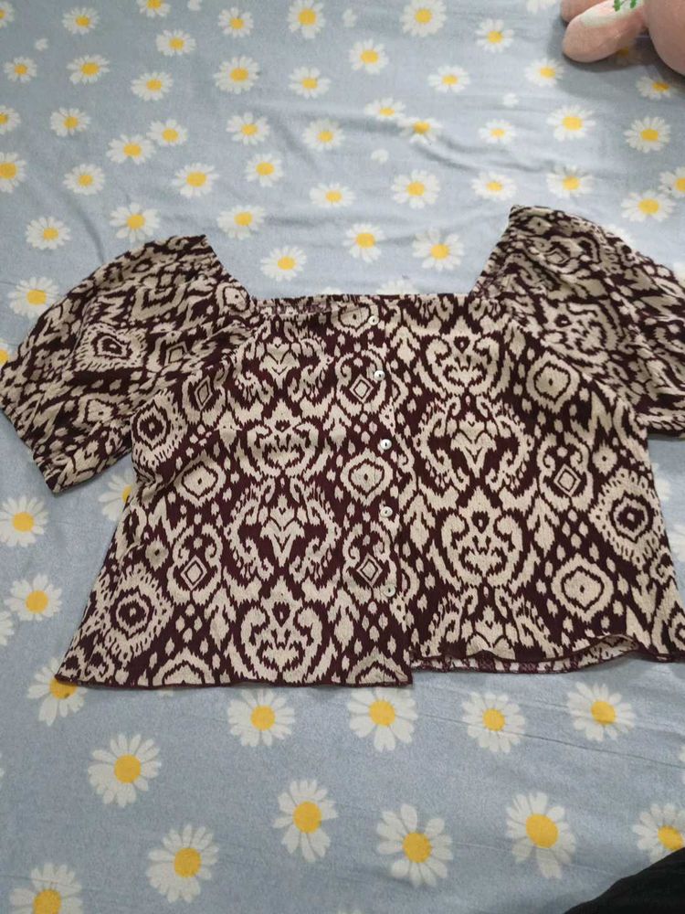 Boho Print Square Neck Puff Sleeve Top