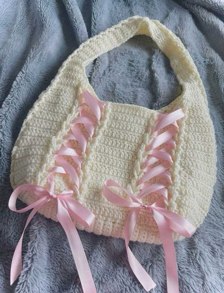 Cream Crochet Corset Bag with Pink Ribbons
