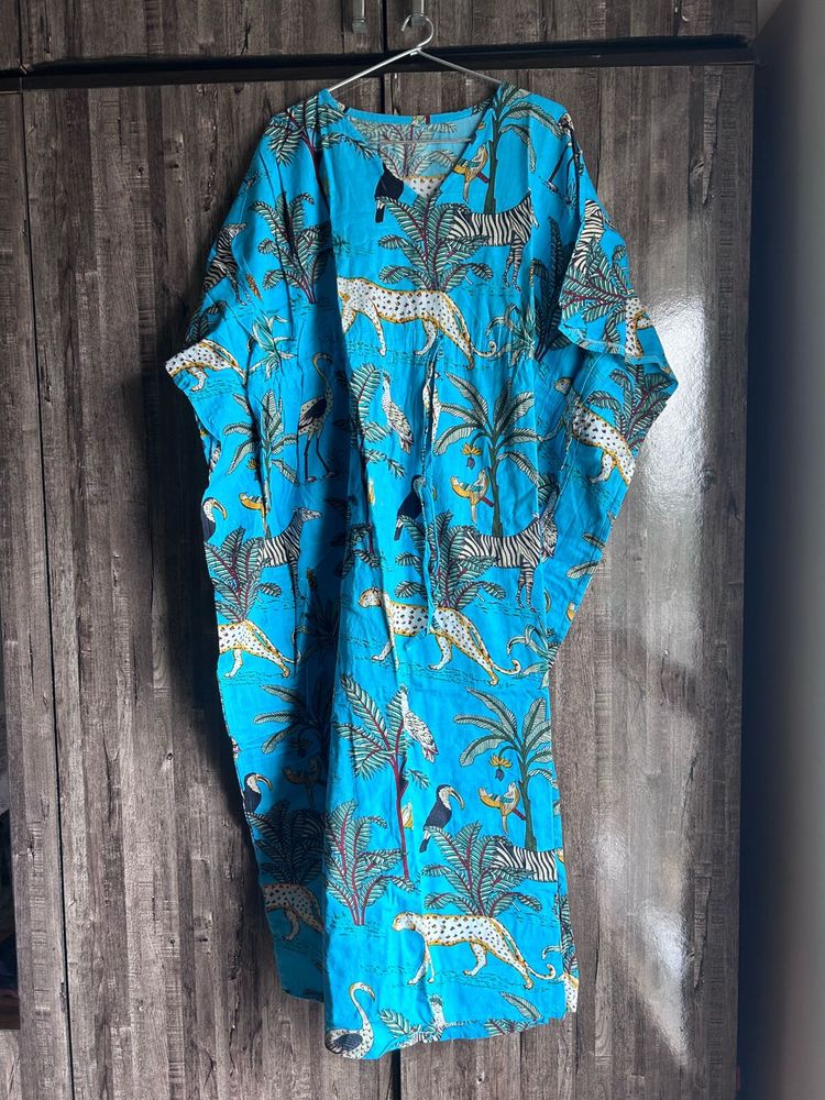 Vibrant Blue Kaftan with Animal Print