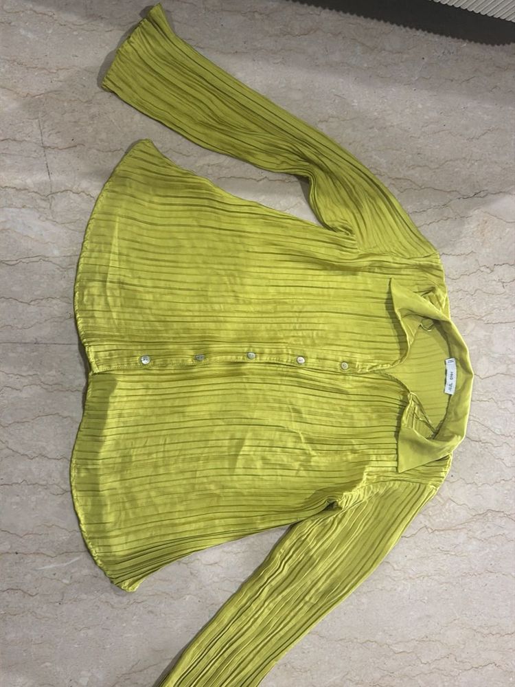 Lime Green Pleated Button-Up Shirt