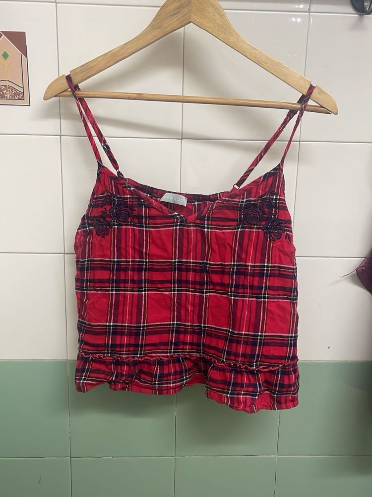 Red Plaid Cami Top with Ruffle Hem