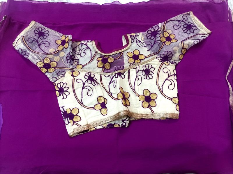 Unique Violet Chiffon Saree+Blouse+Freegift-₹200🤩