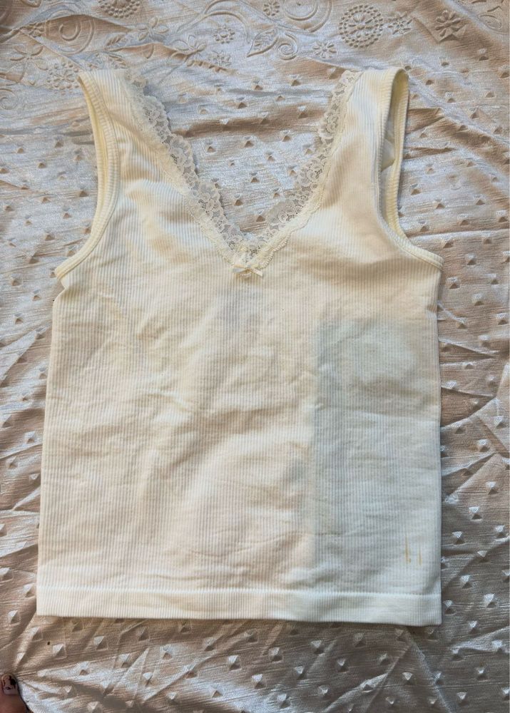 Cream Lace Trim Ribbed Tank Top